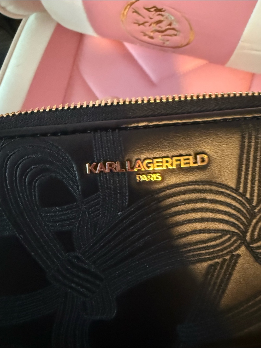 Karl Lagerfeld Black Embossed Cosmetic Pouch with Gold Logo